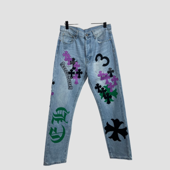 크롬하츠 레더 패치 데님 진 청바지