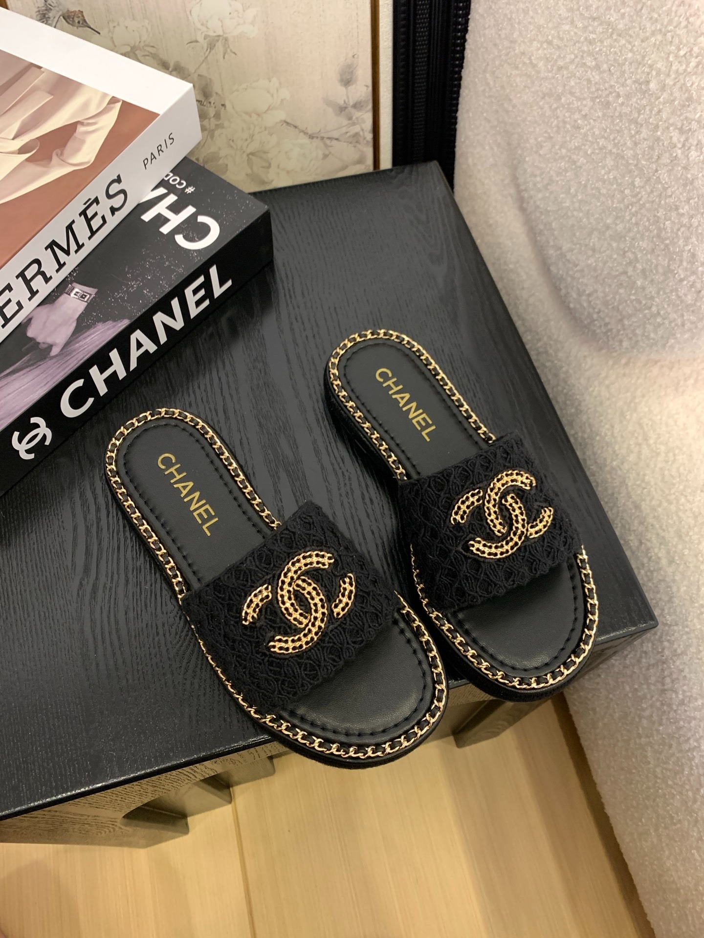 샤* 25 신상 플랫 더블 c 체인 슬리퍼