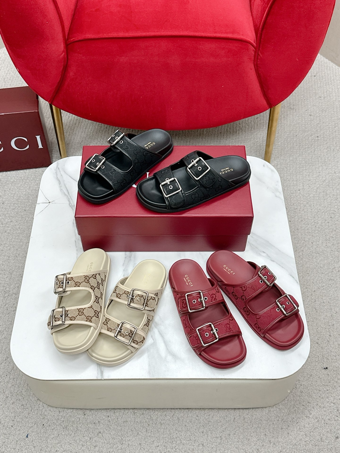 구* 25 신상 GG 클래식 올드 캔버스 비치 샌들