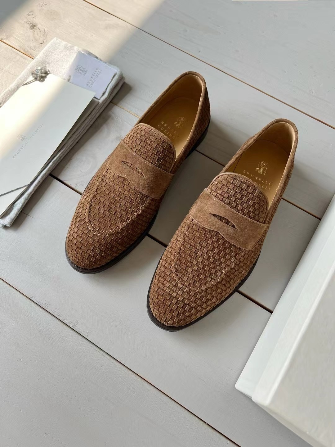 브*넬로 남성 블루 스웨이드 우븐 페니 로퍼