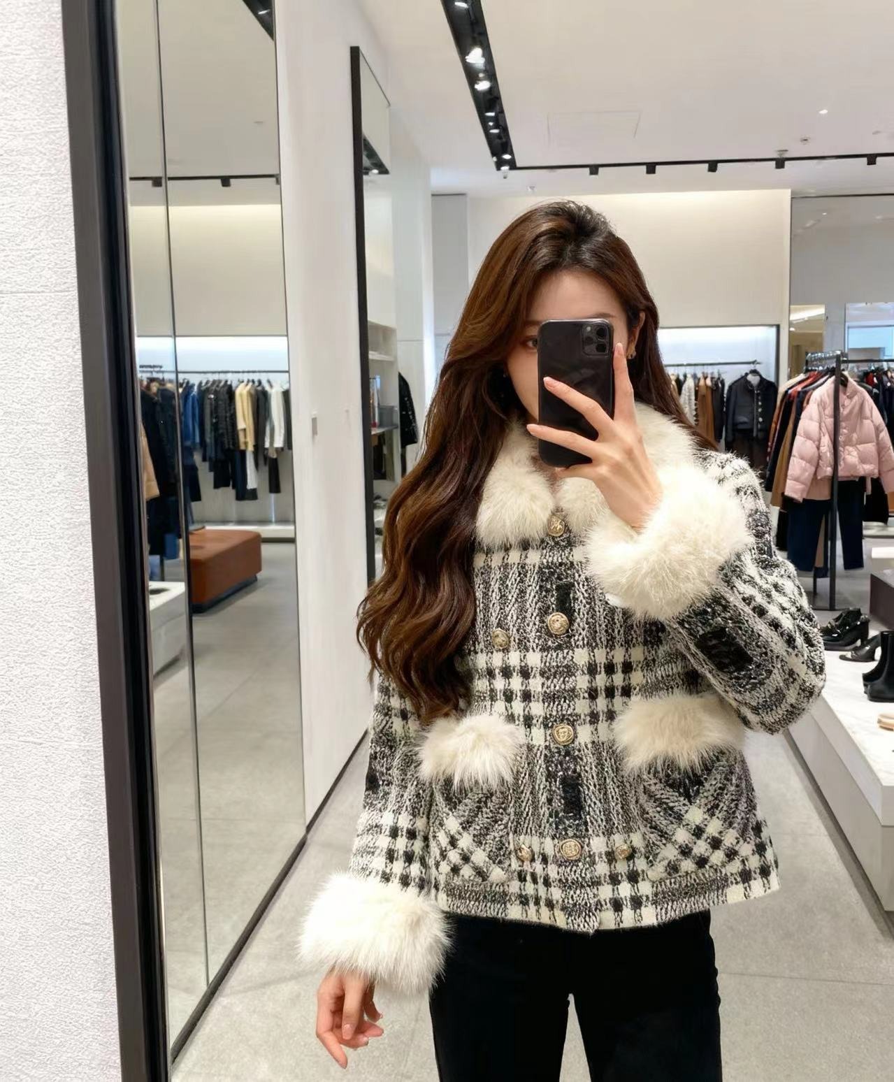 샤* 26 신상 보아털 칼라 체크 니트 코트