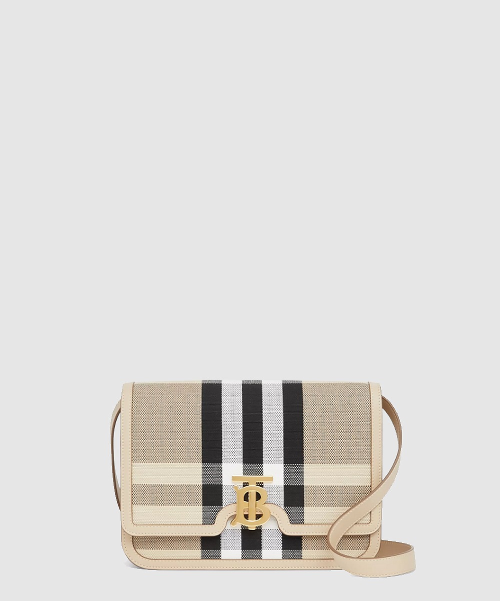 버버리 미디엄 체크 캔버스 레더 숄더백 90235651