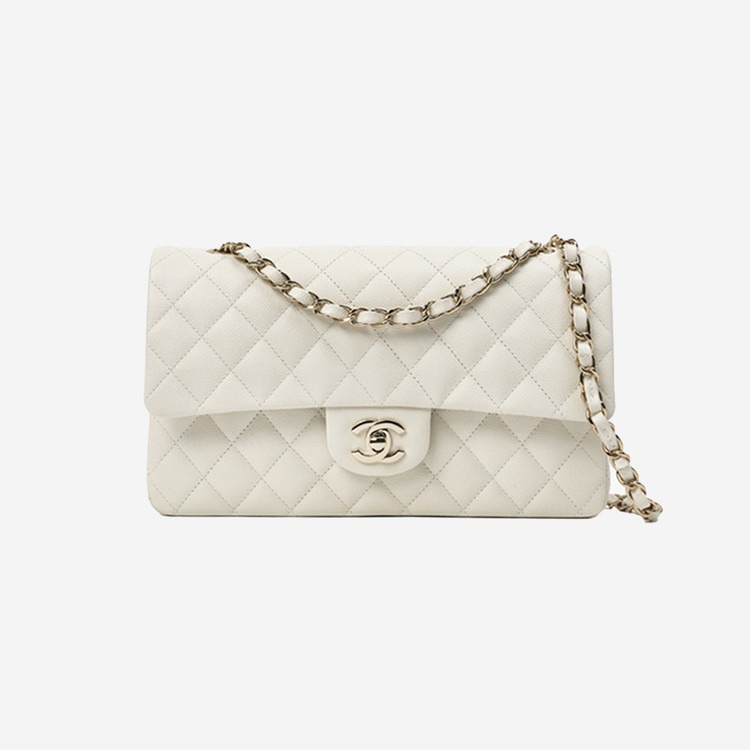 샤넬 클래식 캐비어 미디움 화이트 골드 