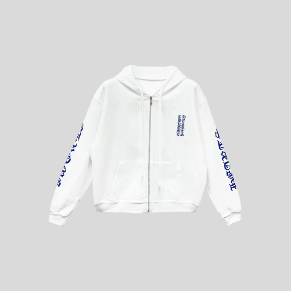 크롬하츠 블루 스크롤 화이트 지퍼업 후드 티셔츠